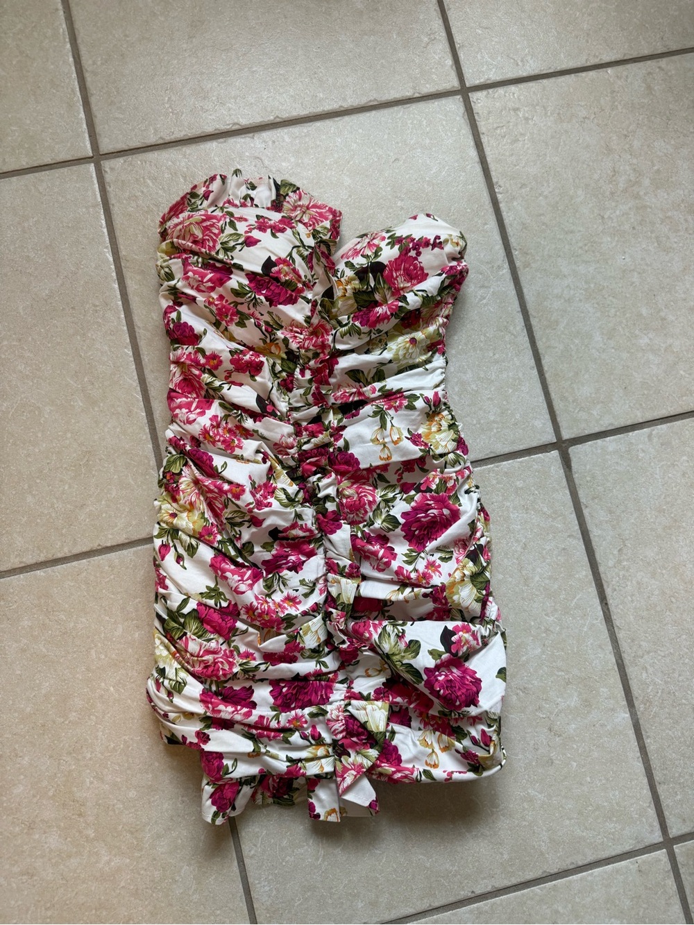 Girls White Strapless Floral Ruched Dress - Pink & Green Print